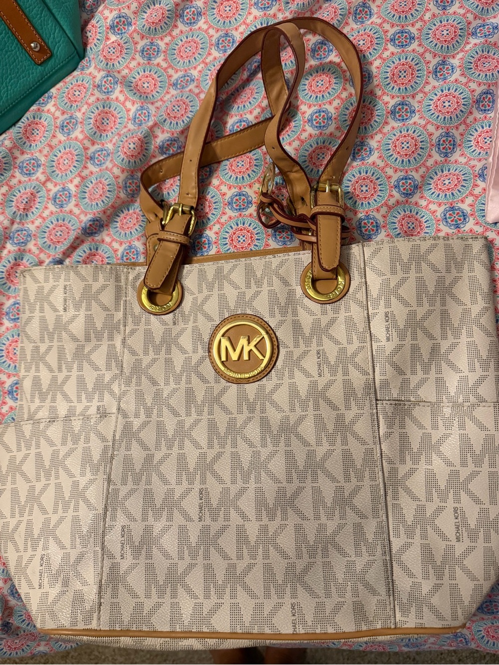 Michael Kors Beige Logo Tote with Tan Leather Straps and Gold Accents